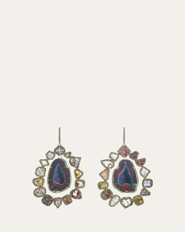18K Gold Handmade Geode and Diamond Earrings with Black Rhodium